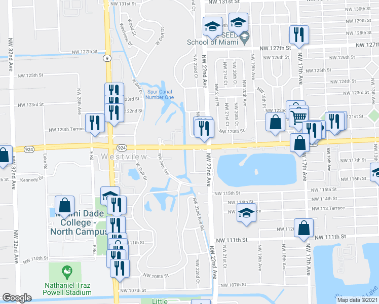 map of restaurants, bars, coffee shops, grocery stores, and more near 2290 Northwest 119th Street in Miami