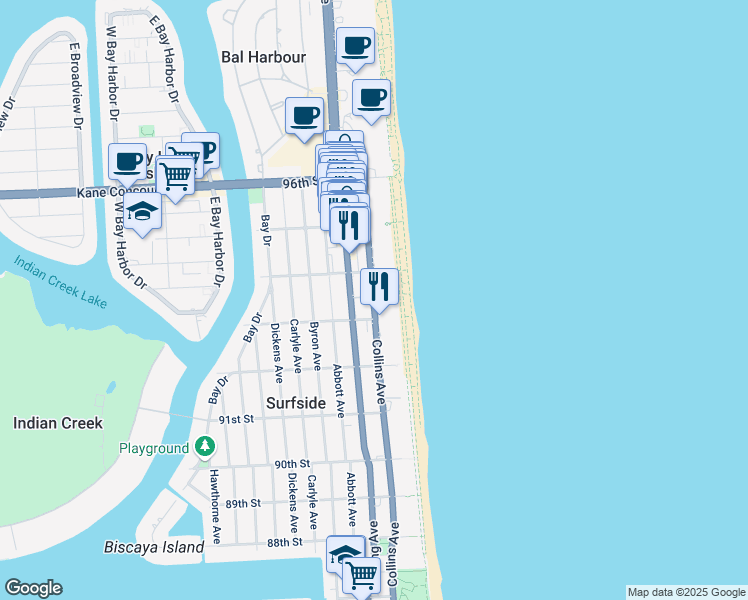 map of restaurants, bars, coffee shops, grocery stores, and more near 9340 Collins Avenue in Surfside