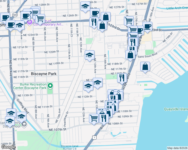 map of restaurants, bars, coffee shops, grocery stores, and more near 11534 Northeast 13th Avenue in Miami