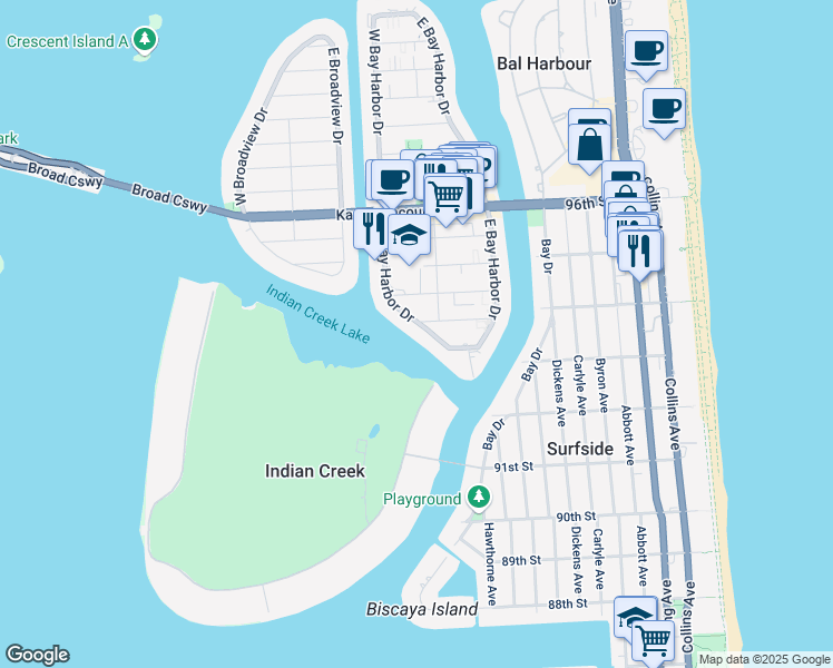 map of restaurants, bars, coffee shops, grocery stores, and more near 9183 West Bay Harbor Drive in Bay Harbor Islands