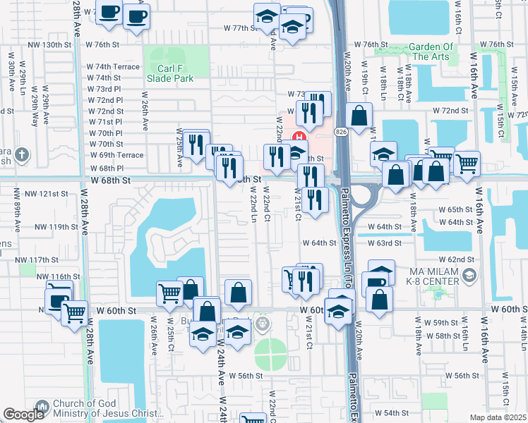 map of restaurants, bars, coffee shops, grocery stores, and more near 6625 West 22nd Court in Hialeah