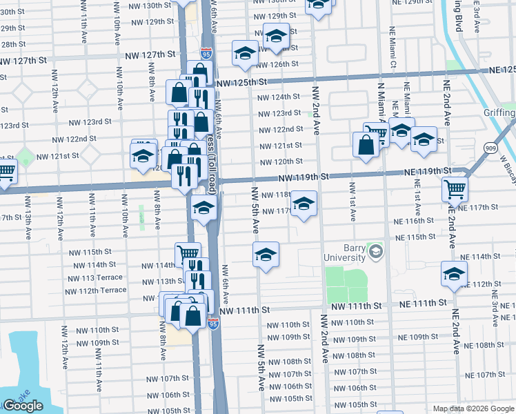 map of restaurants, bars, coffee shops, grocery stores, and more near 11711 Northwest 5th Avenue in Miami