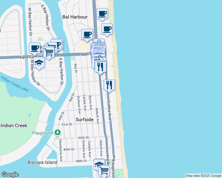 map of restaurants, bars, coffee shops, grocery stores, and more near 9340 Collins Avenue in Surfside