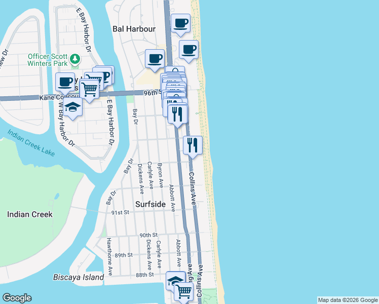 map of restaurants, bars, coffee shops, grocery stores, and more near 9340 Collins Avenue in Surfside