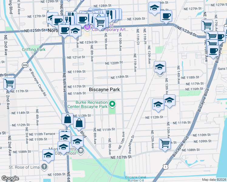 map of restaurants, bars, coffee shops, grocery stores, and more near 931 Northeast 116th Street in Biscayne Park