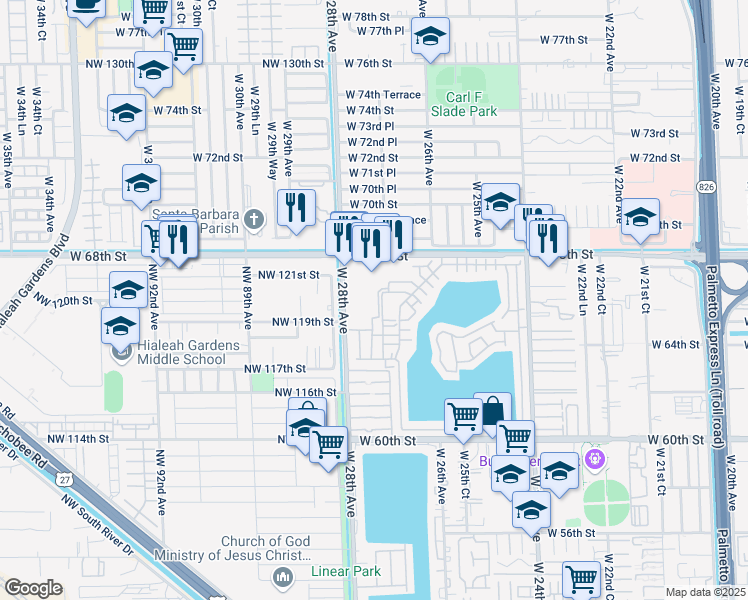 map of restaurants, bars, coffee shops, grocery stores, and more near 6560 West 27th Court in Hialeah