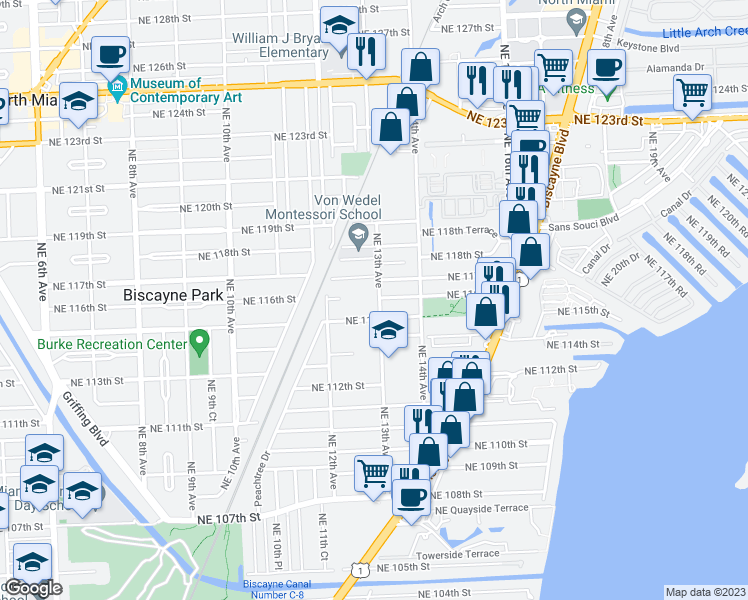 map of restaurants, bars, coffee shops, grocery stores, and more near 11534 Northeast 13th Avenue in Miami