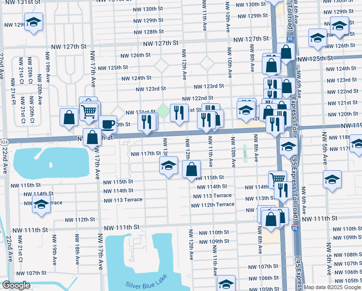 map of restaurants, bars, coffee shops, grocery stores, and more near 1224 Northwest 118th Street in Miami