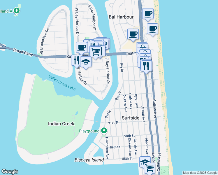 map of restaurants, bars, coffee shops, grocery stores, and more near 9161 East Bay Harbor Drive in Bay Harbor Islands