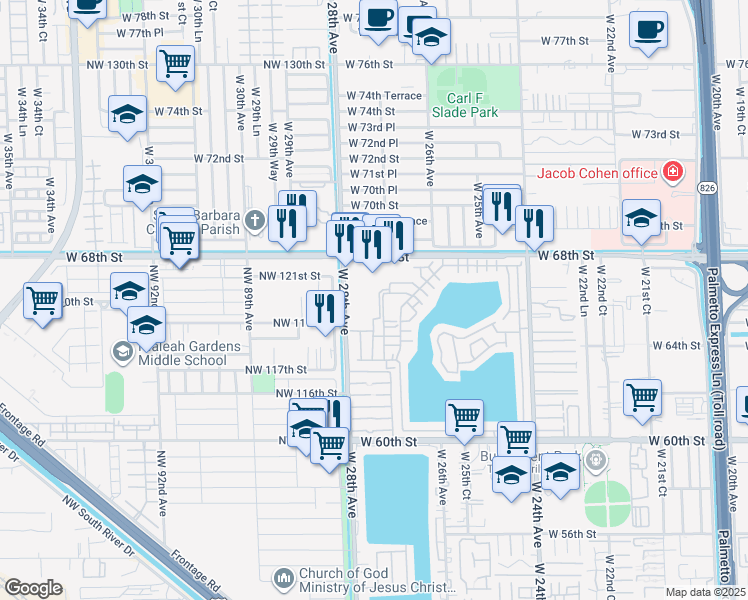 map of restaurants, bars, coffee shops, grocery stores, and more near 6560 West 27th Court in Hialeah