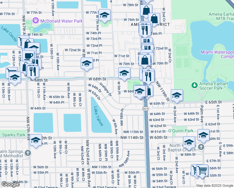 map of restaurants, bars, coffee shops, grocery stores, and more near 6570 West 5th Place in Hialeah