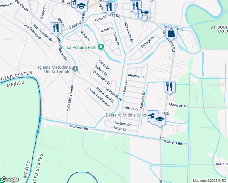 map of restaurants, bars, coffee shops, grocery stores, and more near 266 Casa Blanca Drive in Brownsville