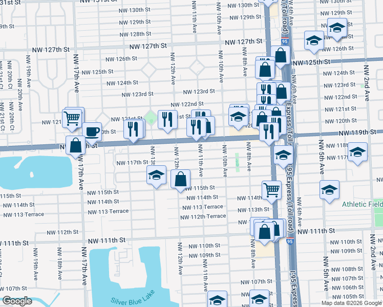 map of restaurants, bars, coffee shops, grocery stores, and more near 1110 Northwest 118th Street in Miami