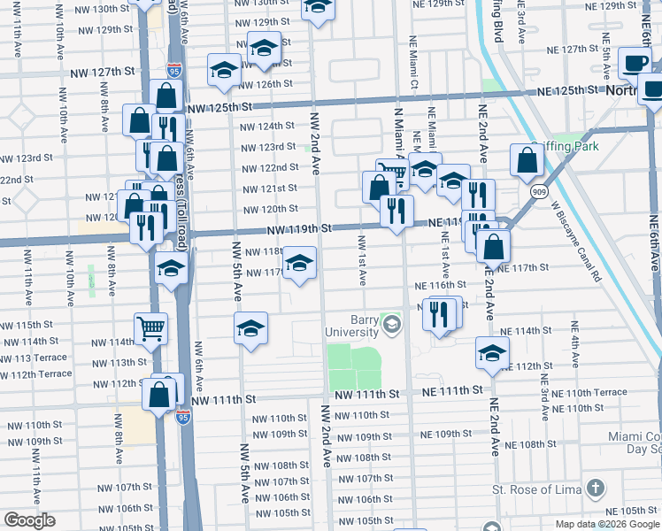 map of restaurants, bars, coffee shops, grocery stores, and more near 181 Northwest 117th Street in Miami