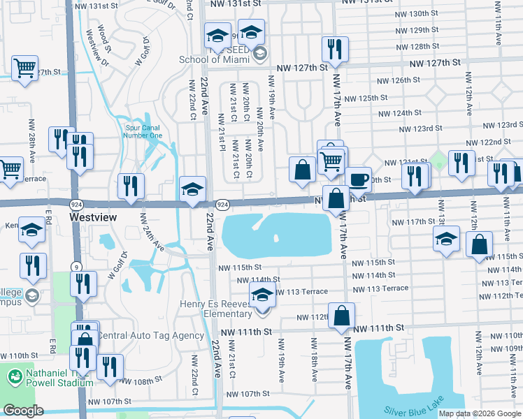 map of restaurants, bars, coffee shops, grocery stores, and more near 1940 Northwest 119th Street in Miami