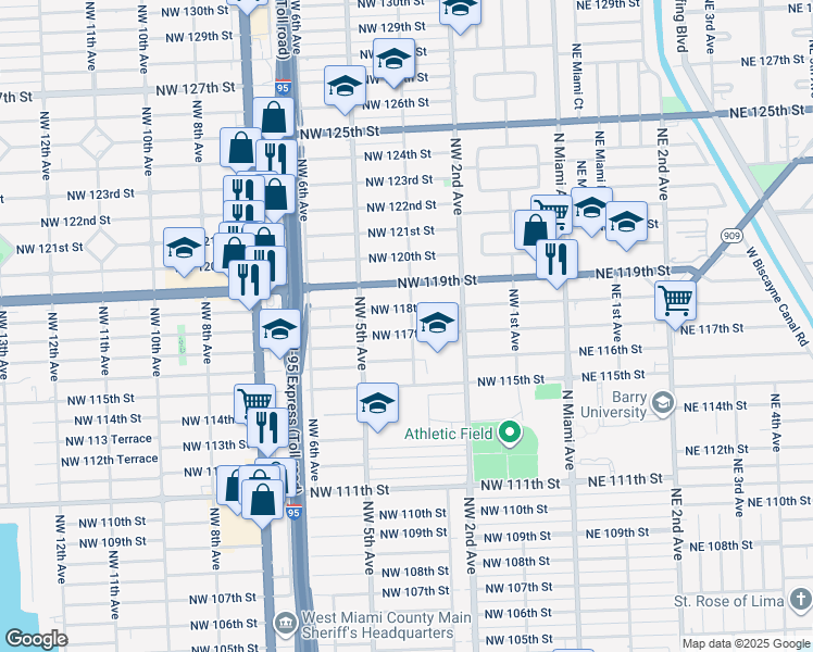map of restaurants, bars, coffee shops, grocery stores, and more near 319 Northwest 117th Street in Miami