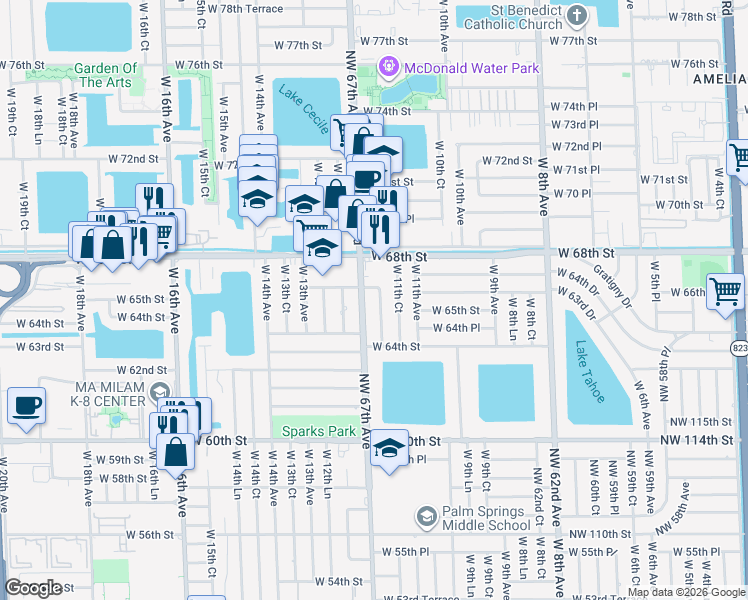 map of restaurants, bars, coffee shops, grocery stores, and more near 6560 West 66th Street in Hialeah