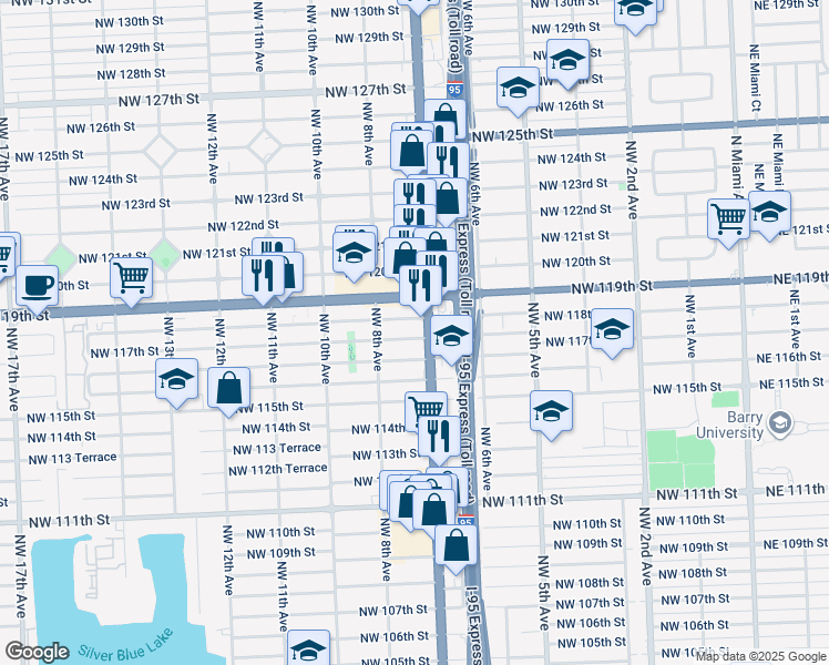 map of restaurants, bars, coffee shops, grocery stores, and more near 721 NW 117th St in Miami