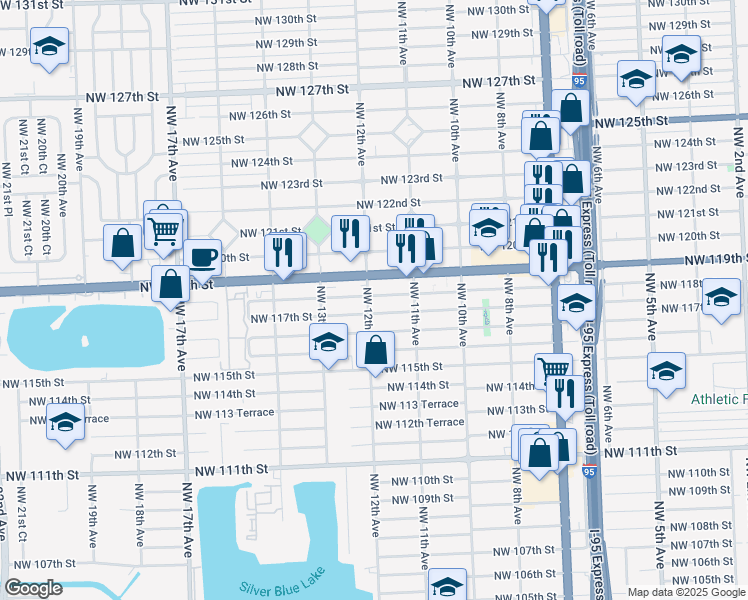 map of restaurants, bars, coffee shops, grocery stores, and more near 1190 Northwest 118th Street in Miami