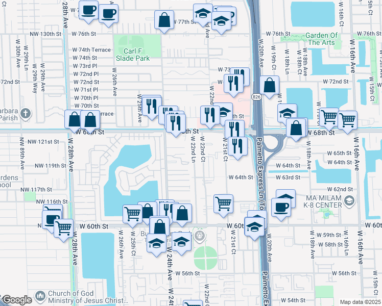 map of restaurants, bars, coffee shops, grocery stores, and more near 6602 West 22nd Lane in Hialeah
