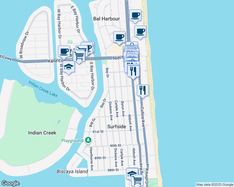 map of restaurants, bars, coffee shops, grocery stores, and more near 9349 Carlyle Avenue in Surfside