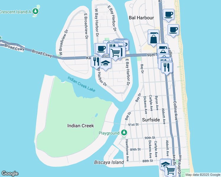 map of restaurants, bars, coffee shops, grocery stores, and more near 9183 West Bay Harbor Drive in Bay Harbor Islands