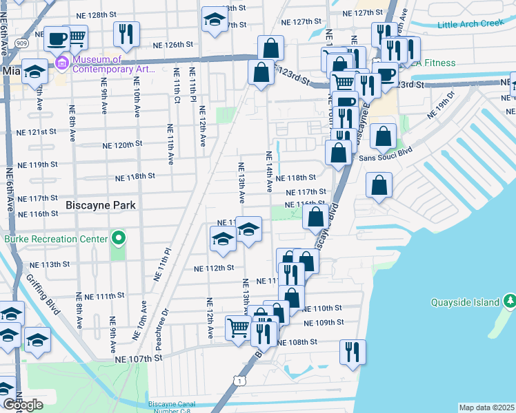 map of restaurants, bars, coffee shops, grocery stores, and more near 1352 Northeast 116th Street in Miami