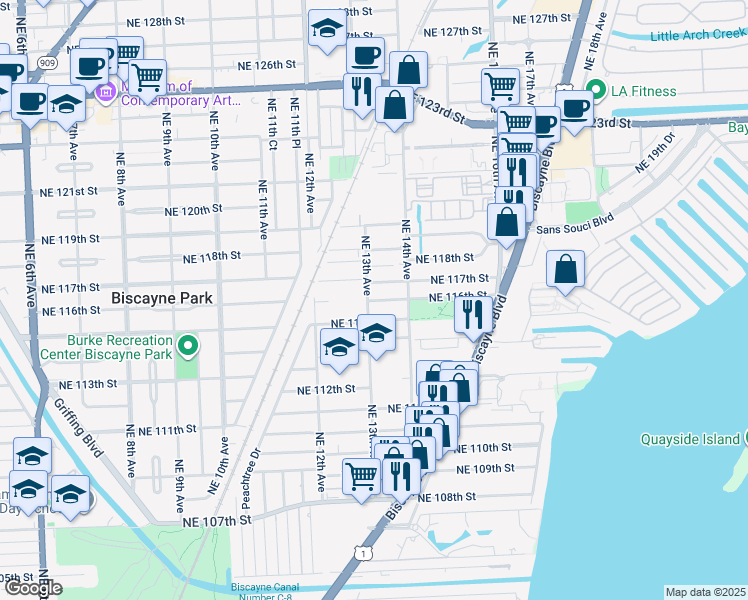 map of restaurants, bars, coffee shops, grocery stores, and more near 11534 Northeast 13th Avenue in Miami