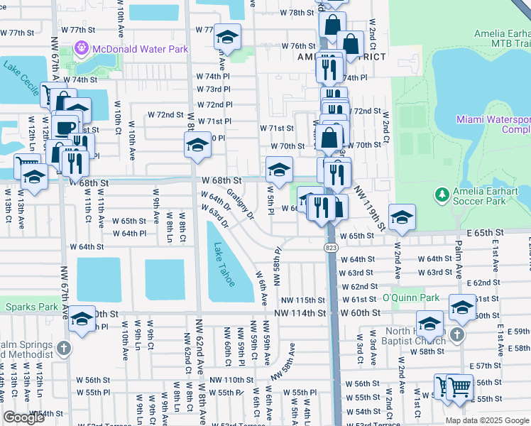 map of restaurants, bars, coffee shops, grocery stores, and more near 6570 West 5th Place in Hialeah