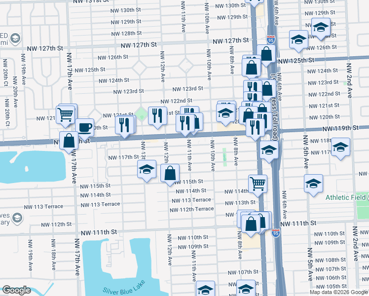 map of restaurants, bars, coffee shops, grocery stores, and more near 1110 Northwest 118th Street in Miami
