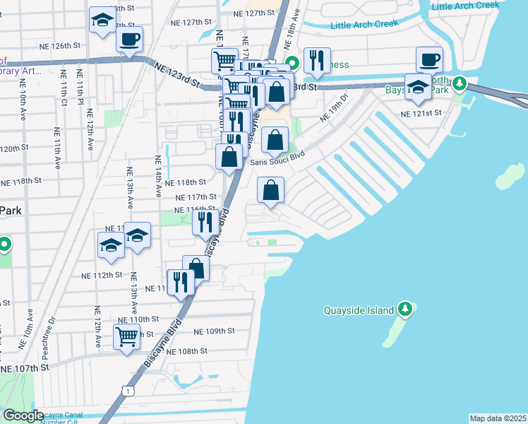 map of restaurants, bars, coffee shops, grocery stores, and more near 1651 Northeast 115th Street in Miami