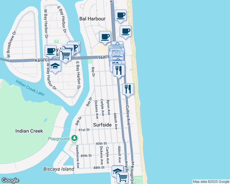map of restaurants, bars, coffee shops, grocery stores, and more near 9349 Abbott Avenue in Surfside