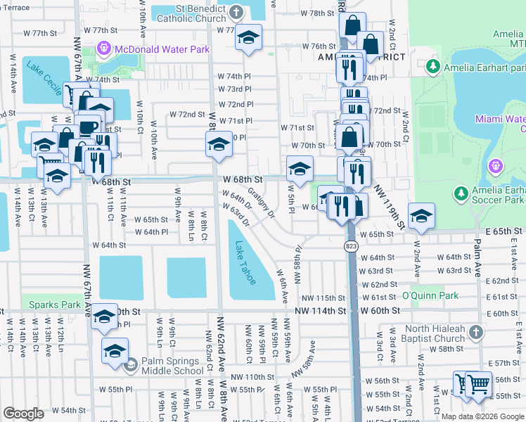 map of restaurants, bars, coffee shops, grocery stores, and more near 642 West 65th Drive in Hialeah