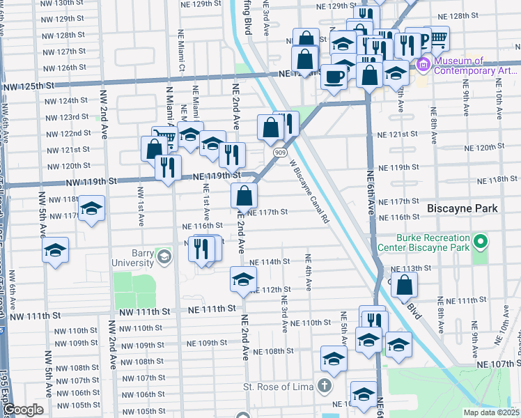 map of restaurants, bars, coffee shops, grocery stores, and more near 241 Northeast 117th Street in Miami