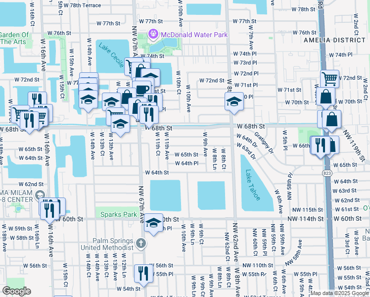 map of restaurants, bars, coffee shops, grocery stores, and more near 1042 West 66th Street in Hialeah