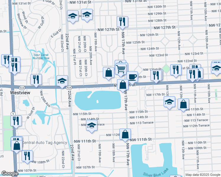 map of restaurants, bars, coffee shops, grocery stores, and more near 1810 Northwest 119th Street in Miami