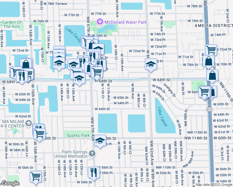 map of restaurants, bars, coffee shops, grocery stores, and more near 1042 West 66th Street in Hialeah