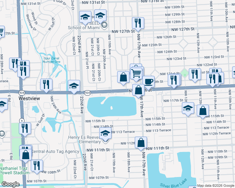 map of restaurants, bars, coffee shops, grocery stores, and more near in Westview