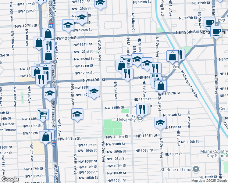 map of restaurants, bars, coffee shops, grocery stores, and more near 11702 Northwest 1st Avenue in Miami