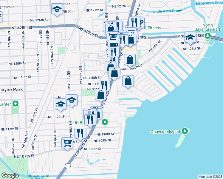 map of restaurants, bars, coffee shops, grocery stores, and more near 11601 Biscayne Boulevard in Miami