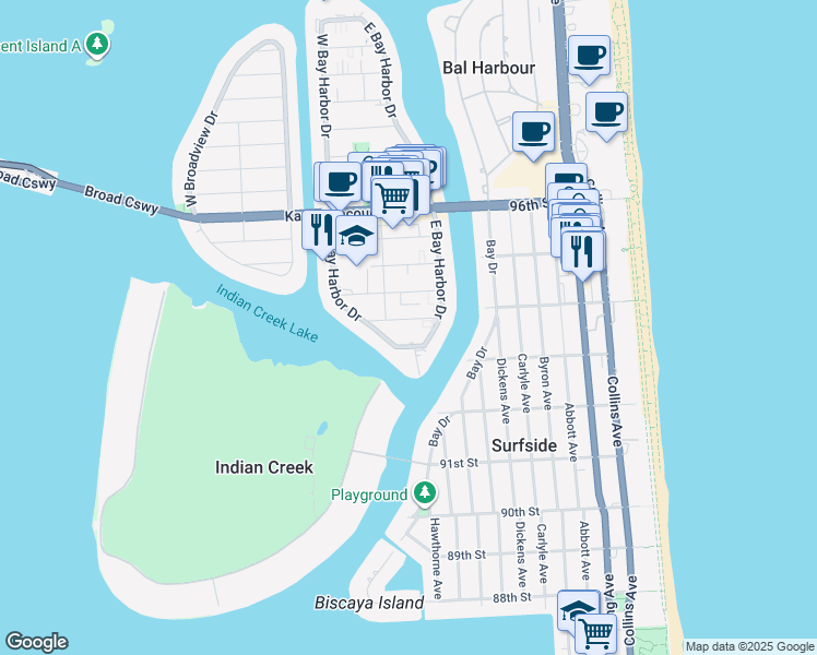 map of restaurants, bars, coffee shops, grocery stores, and more near 1050 92nd Street in Bay Harbor Islands