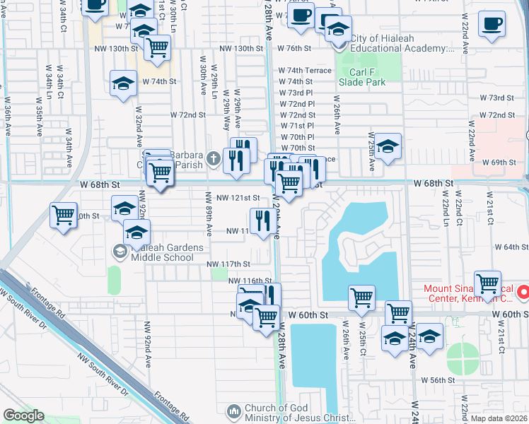 map of restaurants, bars, coffee shops, grocery stores, and more near 11948 Northwest 87th Court in Hialeah Gardens
