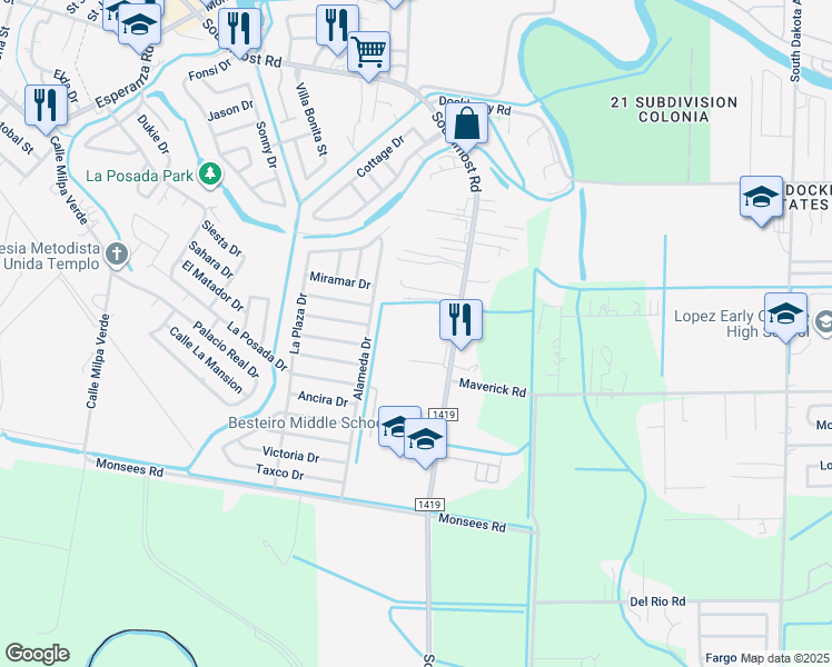 map of restaurants, bars, coffee shops, grocery stores, and more near 5994 Southmost Road in Brownsville