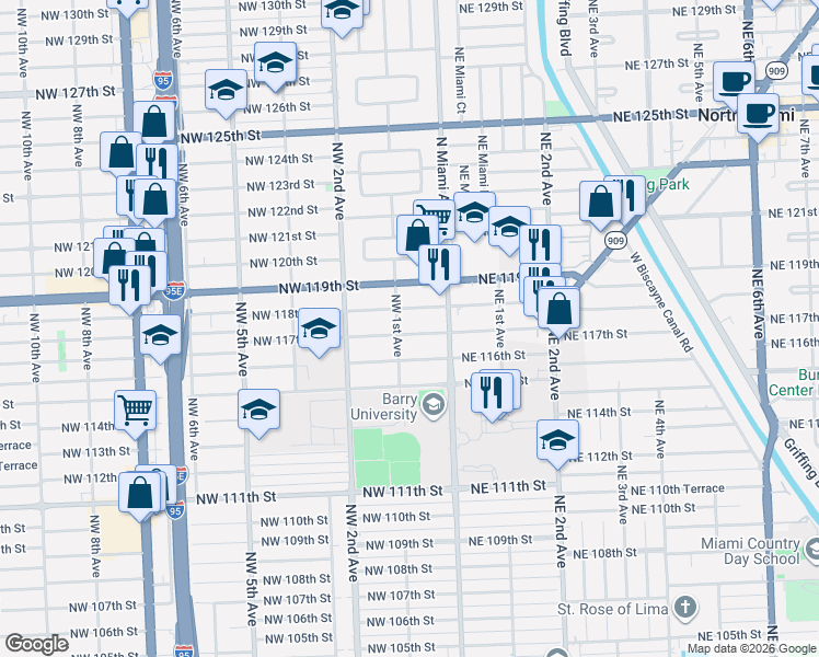 map of restaurants, bars, coffee shops, grocery stores, and more near 11702 Northwest 1st Avenue in Miami