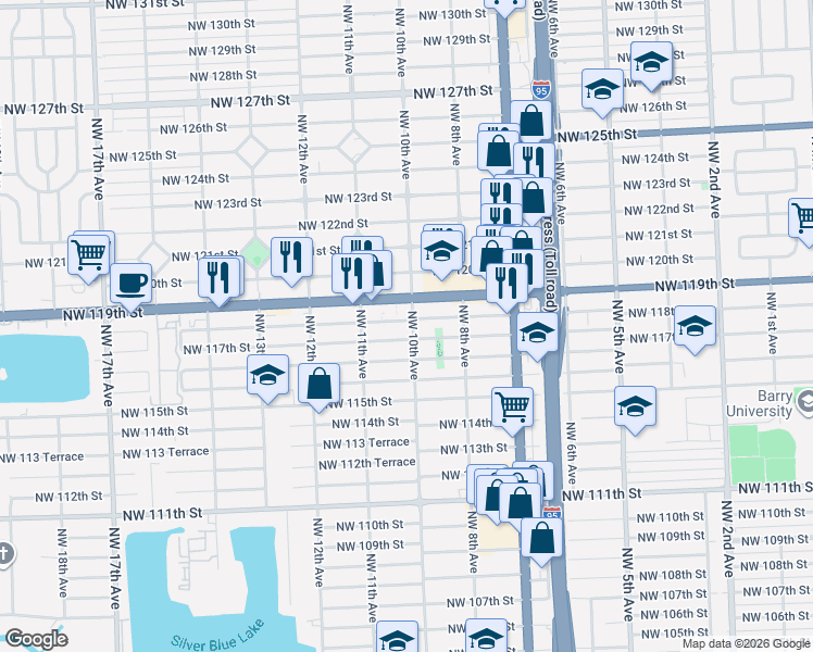 map of restaurants, bars, coffee shops, grocery stores, and more near 1040 Northwest 118th Street in Miami
