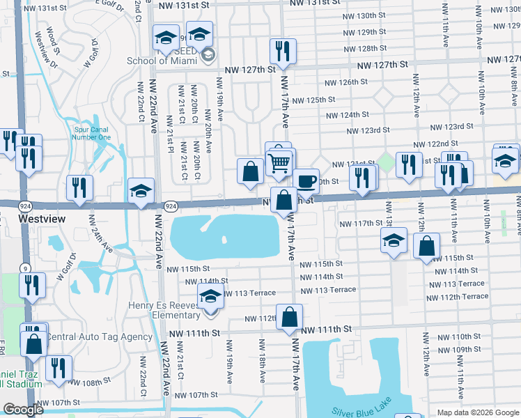 map of restaurants, bars, coffee shops, grocery stores, and more near 1810 Northwest 119th Street in Miami