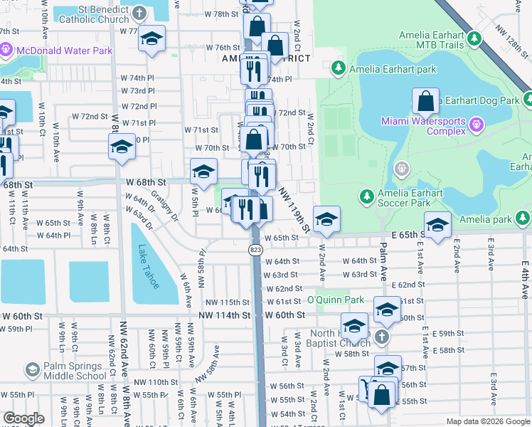 map of restaurants, bars, coffee shops, grocery stores, and more near 6625 West 4th Avenue in Hialeah