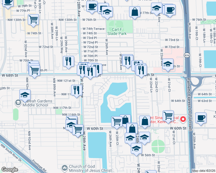 map of restaurants, bars, coffee shops, grocery stores, and more near 6685 West 26th Court in Hialeah