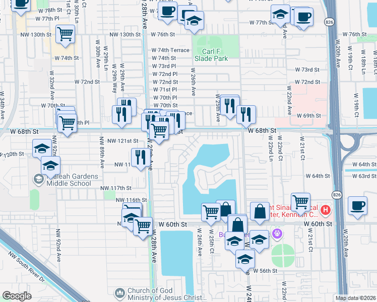 map of restaurants, bars, coffee shops, grocery stores, and more near 6745 West 26th Drive in Hialeah