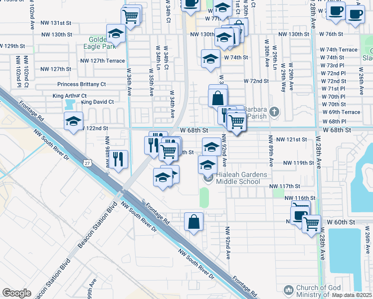 map of restaurants, bars, coffee shops, grocery stores, and more near 9334 Northwest 120th Terrace in Hialeah